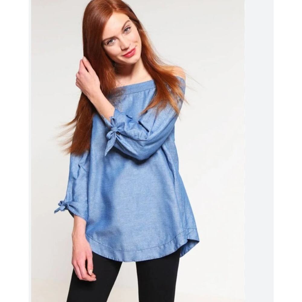 Free People Tops Blue Linen Blend Off Shoulder‎ Women's Small Denim Cotton